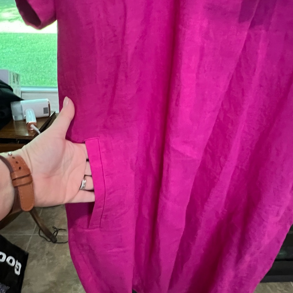 Eileen Fisher Linen Short-Sleeve Shift Dress in Bright Magenta - Picture 3 of 7